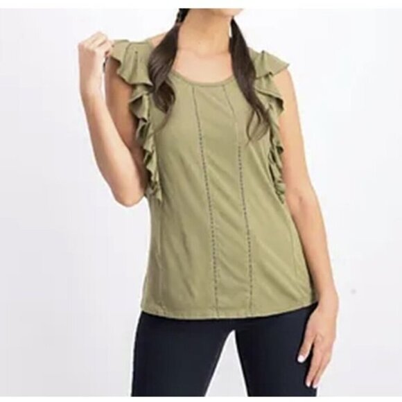 🏆Lauren Ralph Lauren Short Sleeve Flutter Laser Cut Olive Green Top - Picture 1 of 10